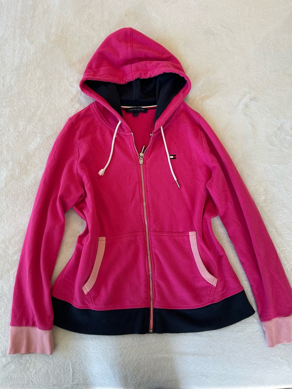 Vintage Tommy Hilfiger Hot Pink Zip Front Hooded Jacket with Navy Trim
